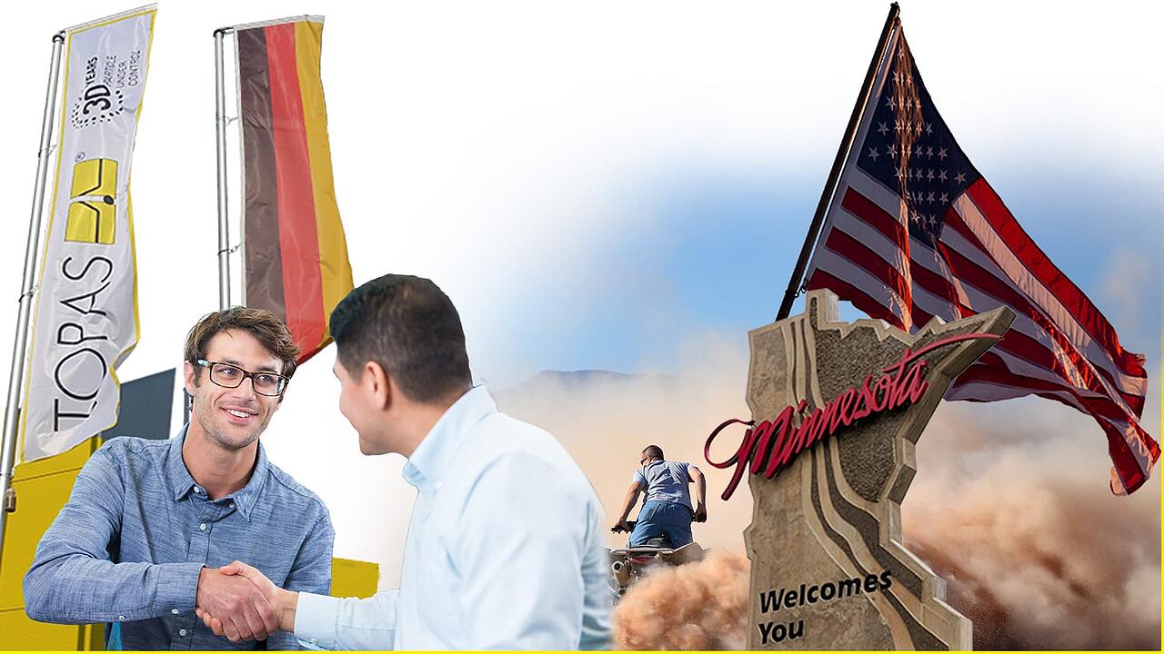 Collage on the theme of the U.S. branch: colleagues shaking hands, flags of Topas, Germany, and the U.S., a rock with “Minnesota” written on it, a moped rider in the sand