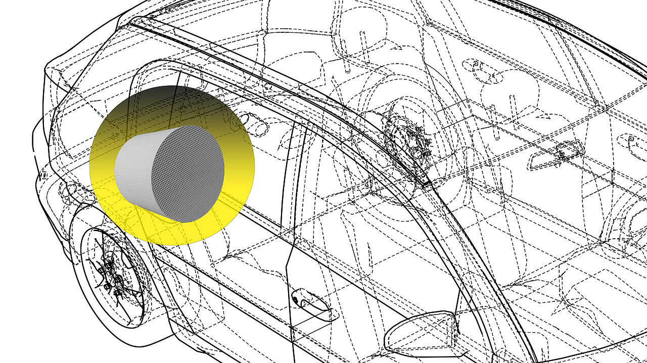 Abgasfilter auf gelbem Grund im Heck eines transparenten PKW